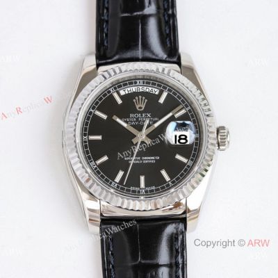 TRF V3 Swiss Rolex Day Date 36 118139 Black Dial Black Leather Strap Replica watch